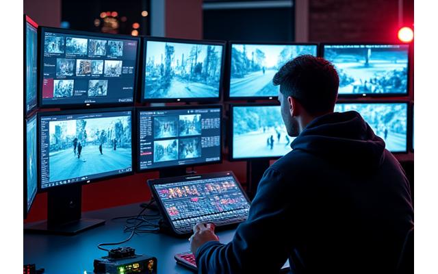 Techniker bedient professionelles Live-Streaming-Equipment mit mehreren Monitoren