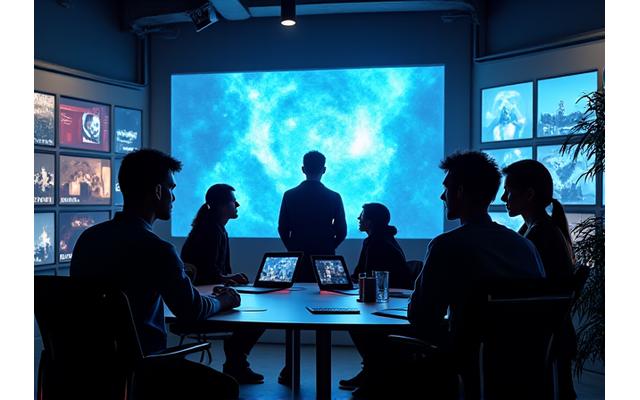 Team arbeitet an einem Drehbuch, im Hintergrund eine Leinwand mit Filmprojektion