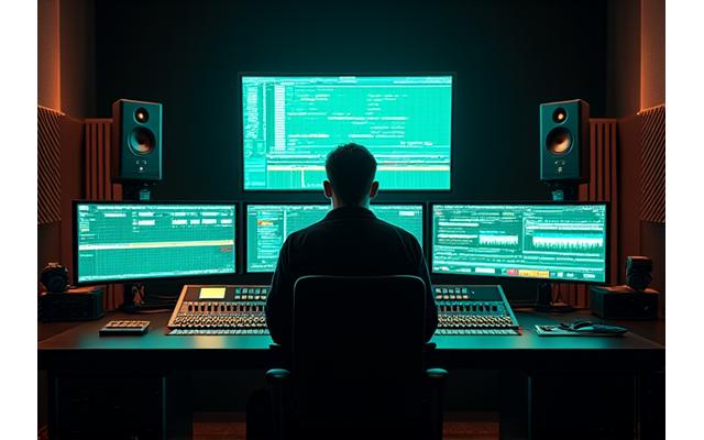 Tontechniker vor einem Mischpult in einem modernen Tonstudio mit Bildschirmen
