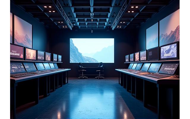 Modernes Filmstudio in Berlin bei Nacht, beleuchtet und bereit für die Produktion